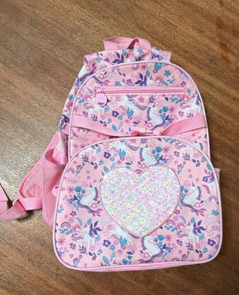 Pink Floral Unicorn Backpack with Reversible Sequin Heart Pocket